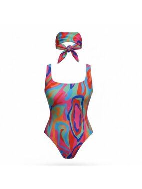 Fashion Nova Womens Multicolor Swimsuit & Headscarf Set Sz Large